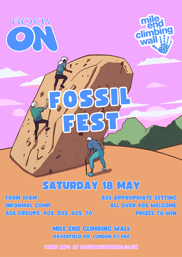 Fossil Fest poster Rock On at Mile End Climbing Wall